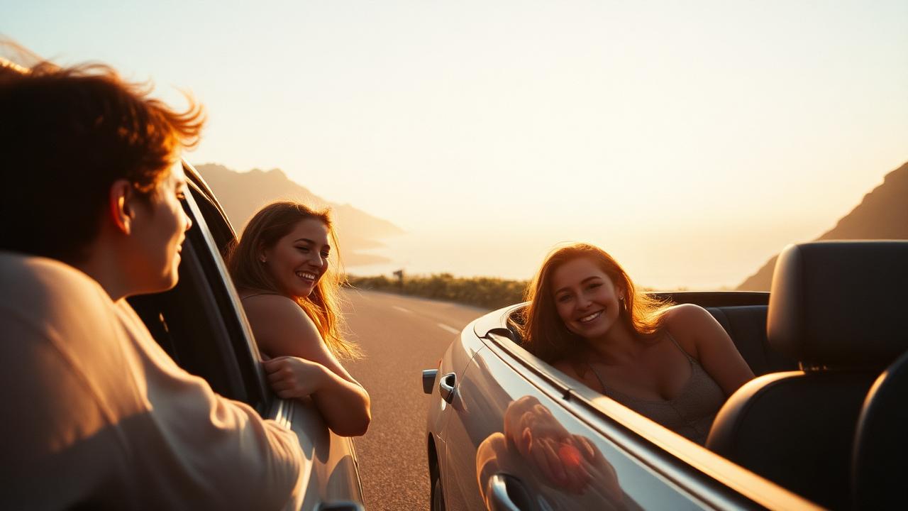 Friends on a road trip along the Garden Route, sunset